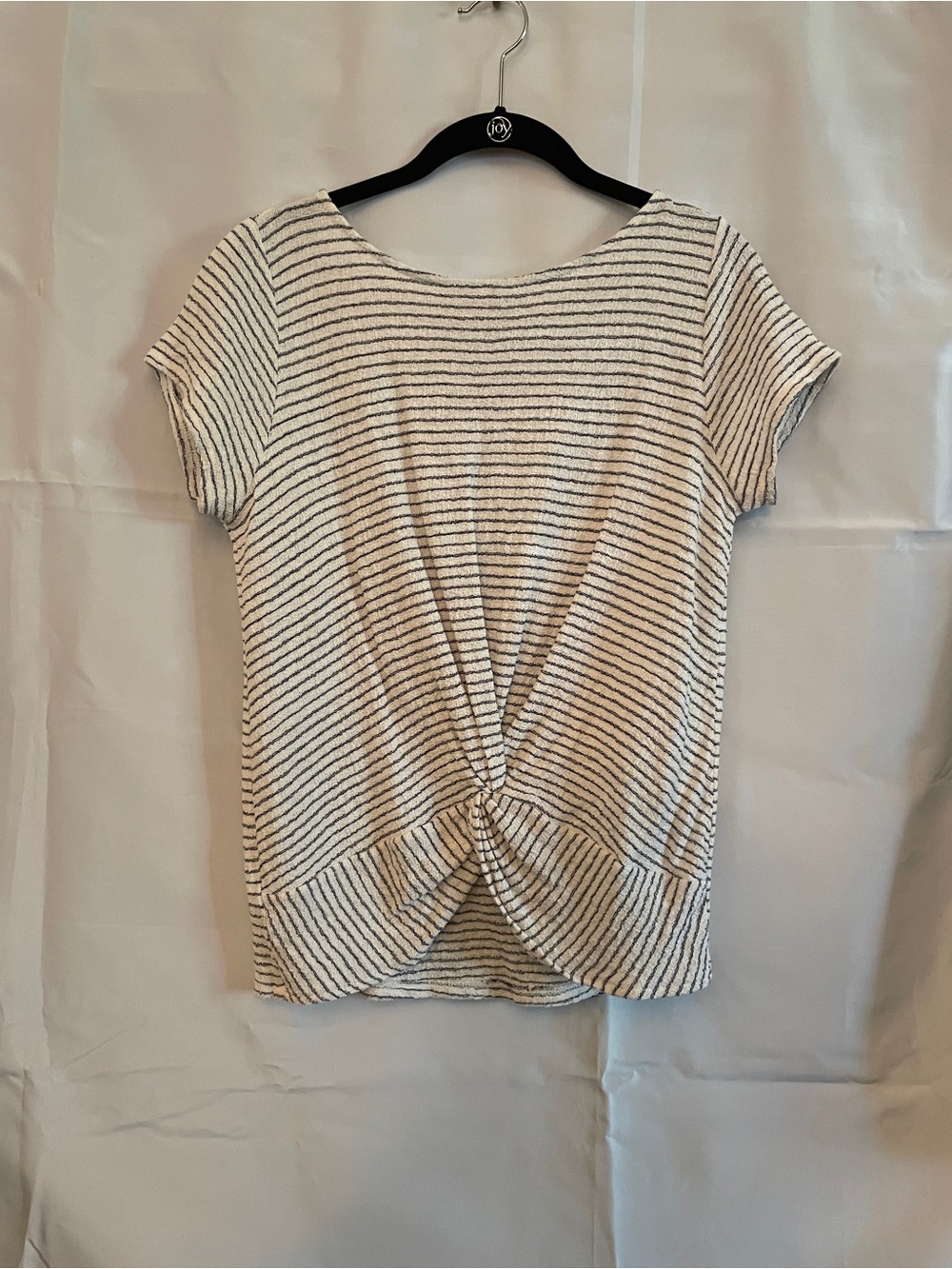 LOFT M Women's Striped Twist-Front Short Sleeve Top in Cream and Black